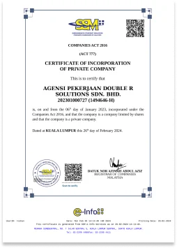 Certificate of incorporation for Agensi Pekerjaan Double R Solutions Sdn. Bhd., confirming its status as a registered full time maid agency in Malaysia.