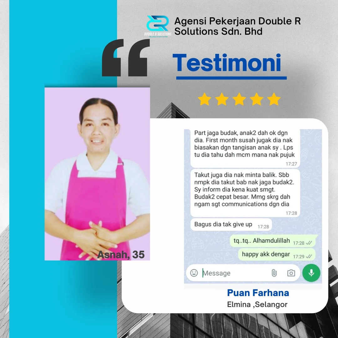 Asnah, a maid placed by a reputable maid agency in Klang Valley, earns praise for adapting well to children and maintaining strong communication skills.