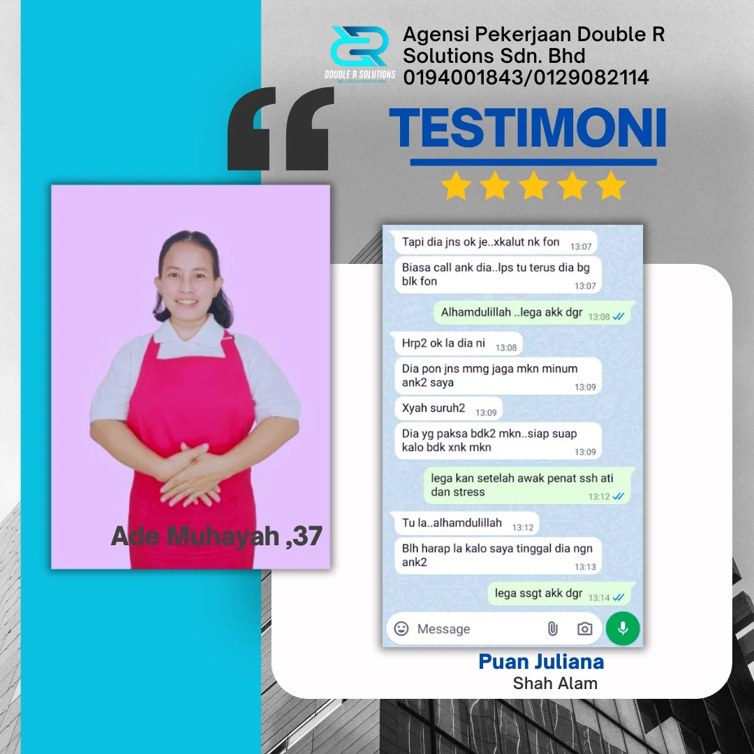 Ade Muhayah, employed through a reliable maid agency Malaysia, is complimented for independently caring for children and helping relieve the employer’s stress.