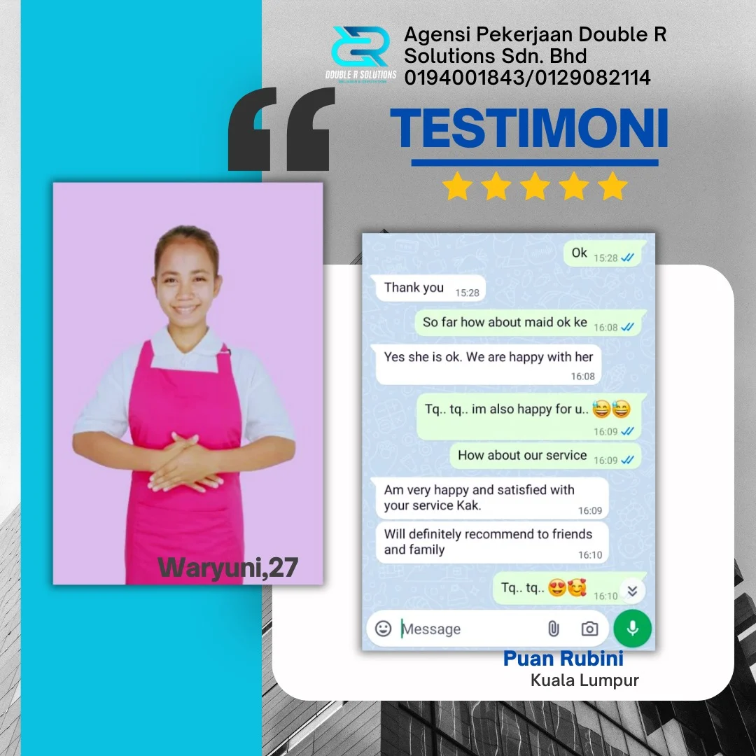 Waryuni, a maid from a trusted maid agency in KL, is praised for her good performance and a family’s overall satisfaction with the agency’s service.